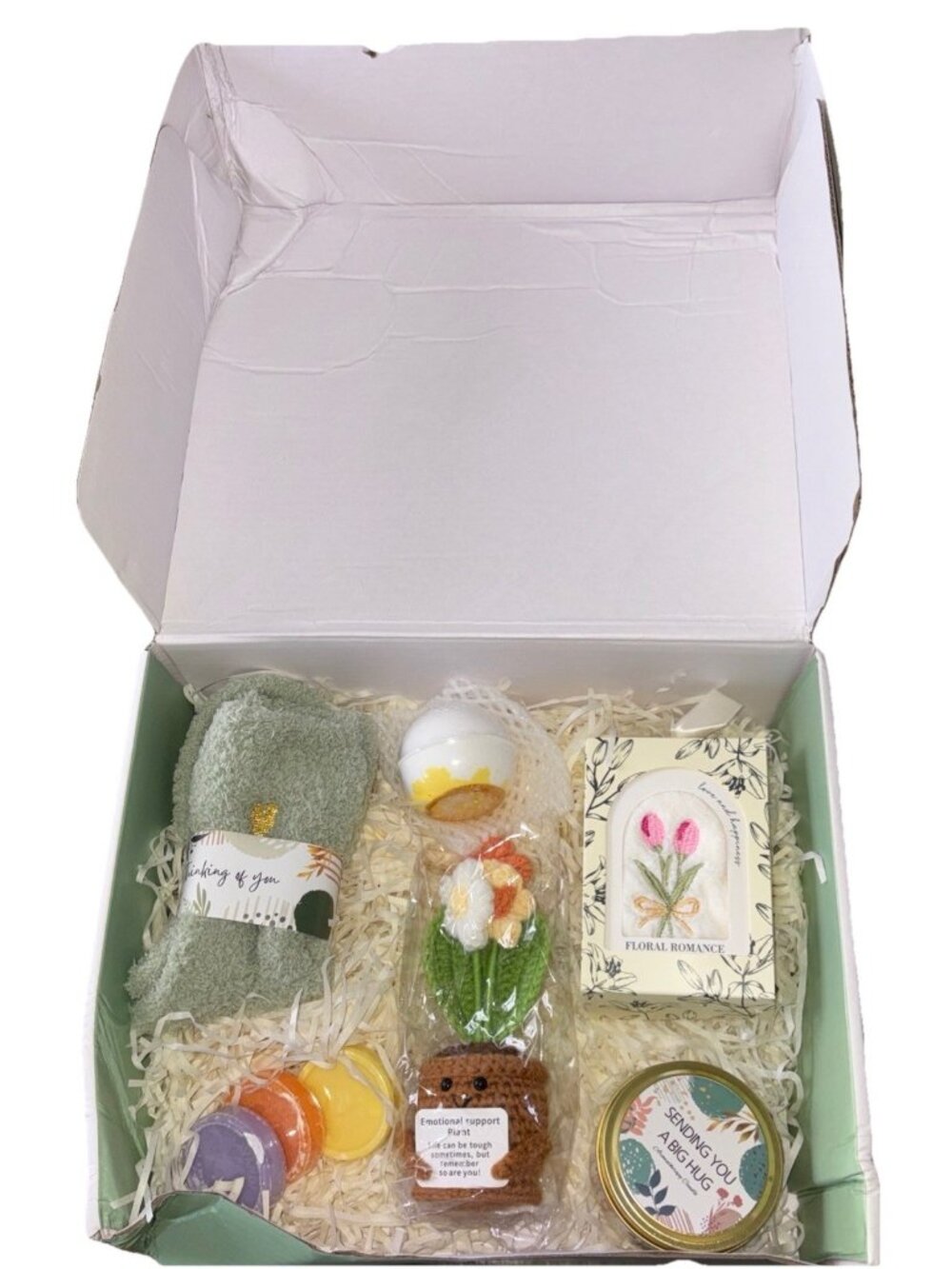 Emotional Support 8 Pc. Gift Box-Crocheted Plant, Floral Bath Bomb & Washcloth +